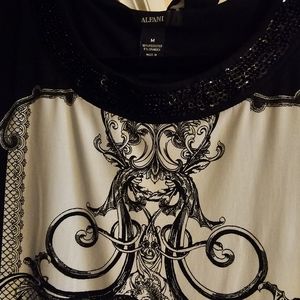 Alfani top/ mini dress black and white with beading around neck medium